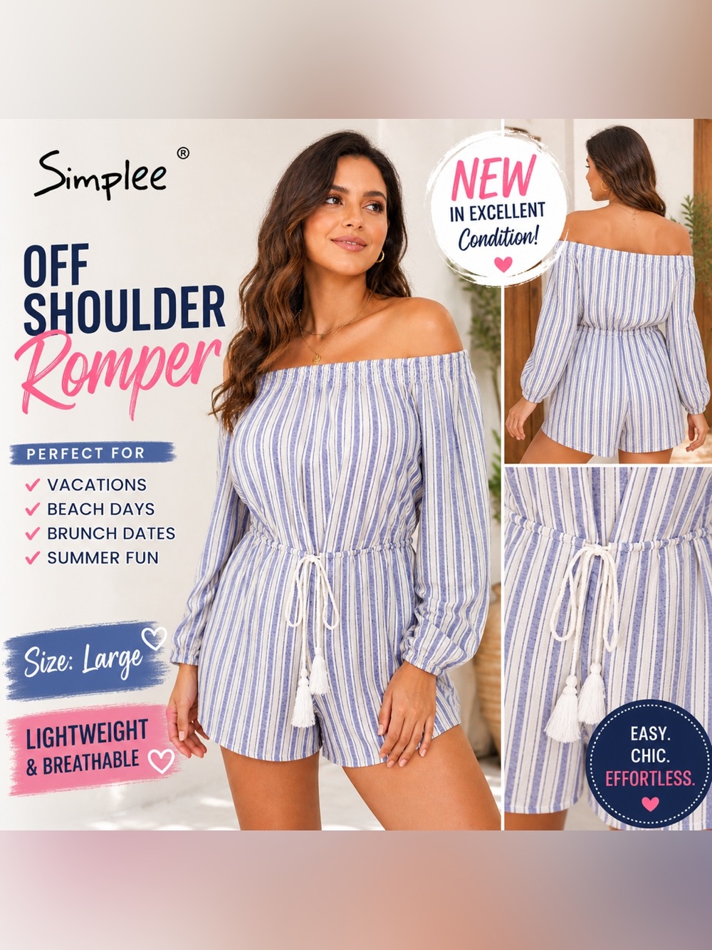⤵️ Simplee Off Shoulder Striped Romper Large Boho Summer Beach Chic NEW